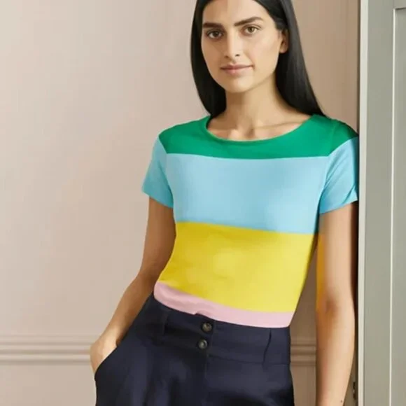 Boden Rainbow Striped Colorblock T-Shirt Short Sleeve 100% Cotton - Picture 3 of 11
